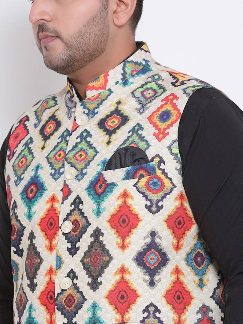 Men's Orange 
Cotton Blend
 Woven Design Nehru Jackets